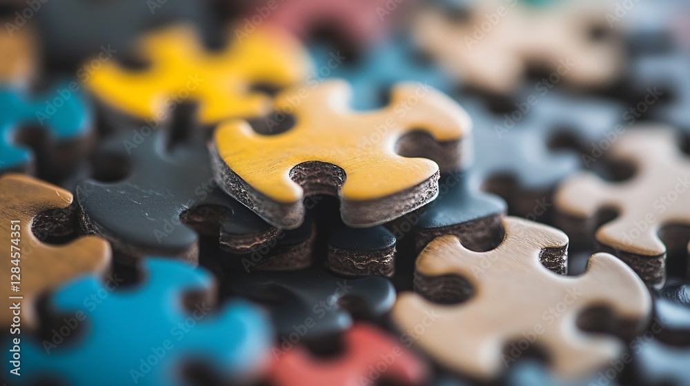 Poster colorful jigsaw puzzle pieces scattered on a surface waiting to be assembled into a complete picture