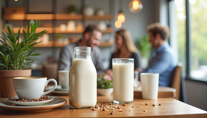 Chic coffee station featuring oat milk with coworkers chatting in the background, modern workspace concept.