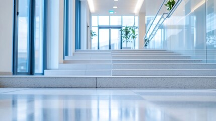 Obraz premium Modern staircase leading to bright and airy space with large windows showcasing a contemporary building design : Generative AI