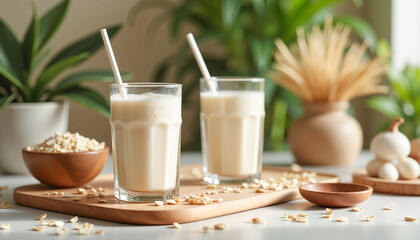 Oat milk smoothies served in glasses with natural decor, wellness concept in a modern spa cafe.