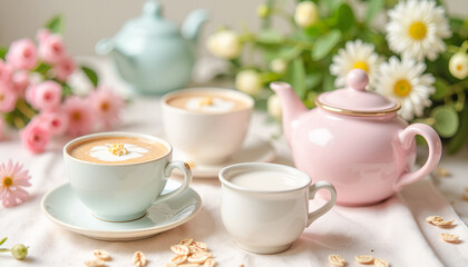 Fototapeta premium Whimsical tea party setup with pastel teacups and a pitcher of oat milk on a floral tablecloth, joyful gathering and spring celebration concept.