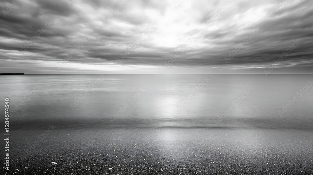 Poster minimalist seascape in black and white with smooth water surface reflected by overcast sky : generat