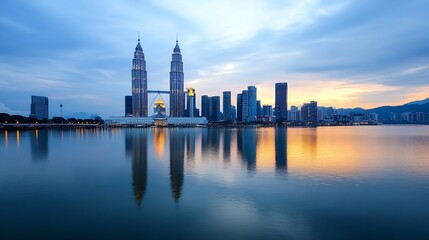 Obraz premium Iconic skyline featuring Petronas Towers reflected on the calm water at dusk : Generative AI