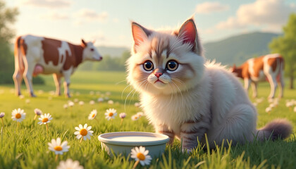 Fluffy ragdoll cat curiously leaning over a milk dish in a charming country yard, peaceful rural scene.