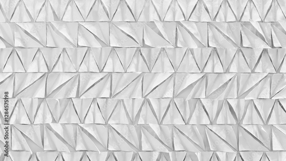 Poster image is a white background with a lot of triangles. The triangles are all different sizes and shapes, creating a sense of movement and depth. Scene is one of abstract art