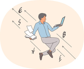 Successful trader makes profit from earning money on cryptocurrency arbitrage and flies with laptop in hands. Guy trader receives money on investments and financial analysis of blockchain