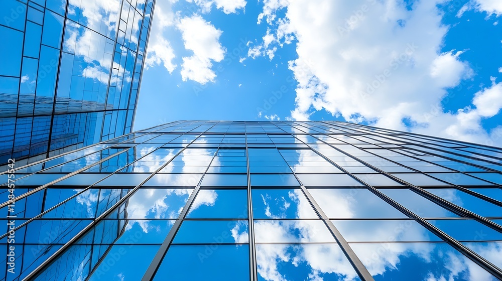 Aufkleber stunning reflection of clouds in modern glass building with clear blue sky : generative ai