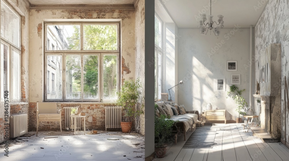 Aufkleber Before and after transformation of a run down apartment to a modern bright living space. Generative AI