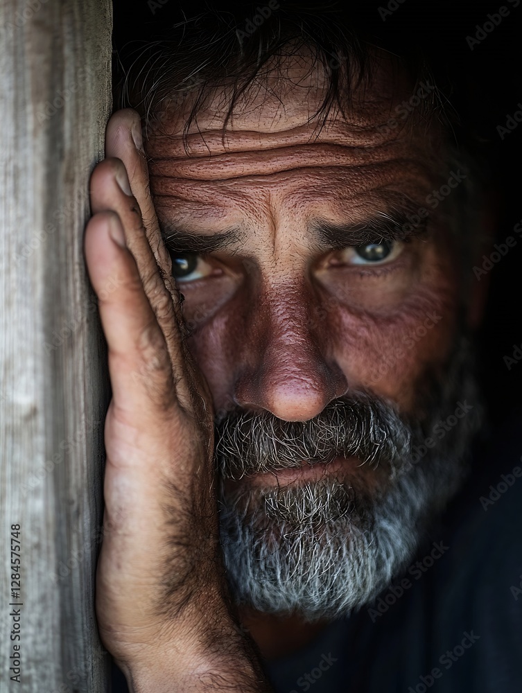 Poster a closeup portrait of a weathered man with intense eyes reflecting experience and resilience : gener