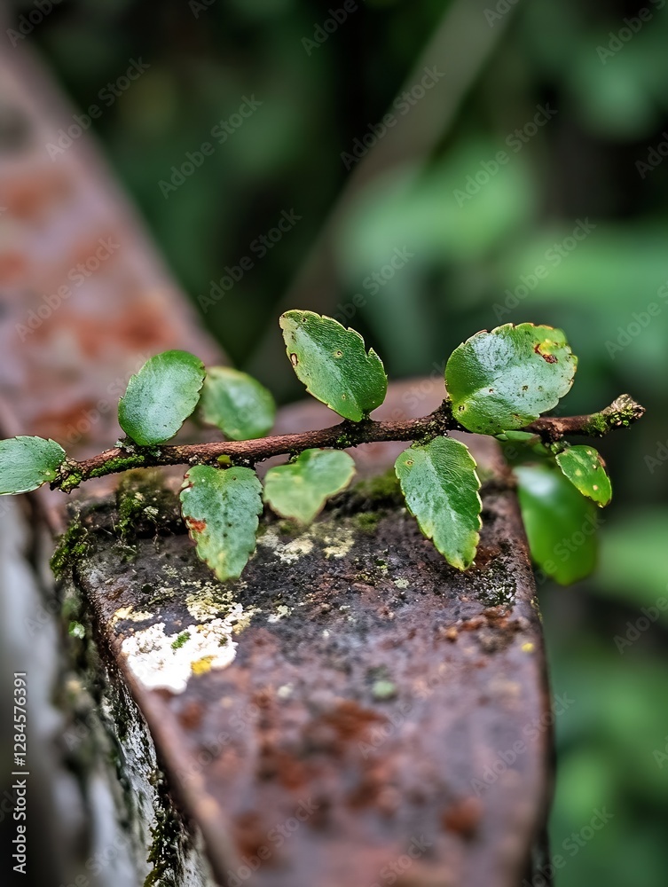 Poster closeup of a delicate green leaf branch resting on a rusted metal surface showcasing nature's resili
