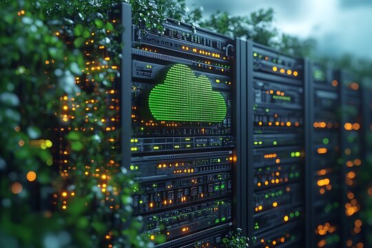 Green Cloud Icon on Server Rack in Lush Environment