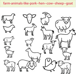 "Farm Animals Icons Set" represents various farm animals such as pigs, hens, cows, sheep, and goats. These icons are used to depict livestock or farming-related content on digital platforms, including