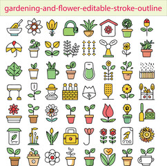 "Gardening and Flower Editable Stroke Outline Icons Set" features symbols like plants, flowers, gardening tools, watering cans, and soil. These editable stroke icons are used for gardening, horticultu