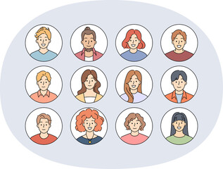 Avatars people looking at screen with smile, for design of social network or dating application. Positive people with different hairstyles, sharing with you good mood and desire to be friends