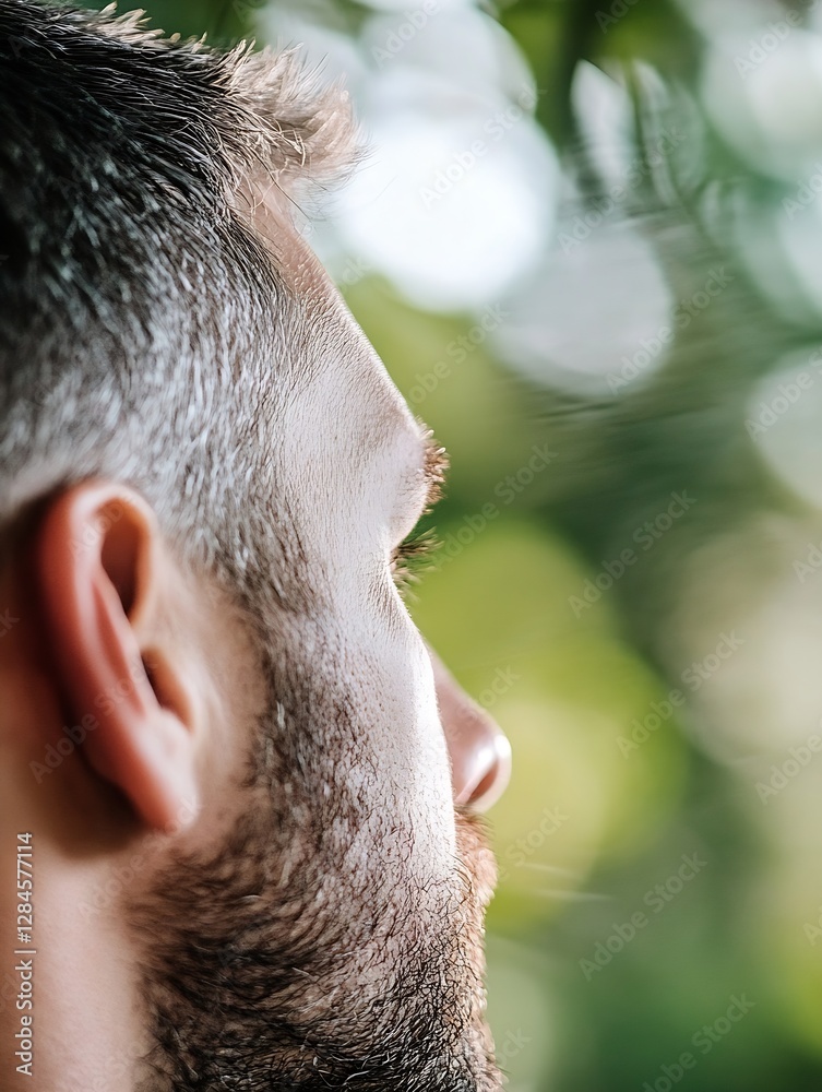 Aufkleber Profile view of a thoughtful man in nature contemplating life with a serene expression surrounded by greenery : Generative AI