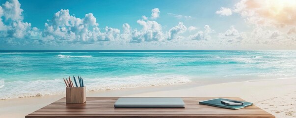 Obraz premium Serene beachfront workspace with ocean view and blue sky