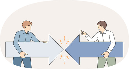 Confrontation business people arguing about company strategy and holding arrows pointing in different directions. Confrontation of office clerks experiencing aggression due to lack of command in team