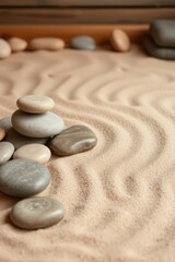 Zen garden with stacked stones. Peaceful and mindful, promoting wellness and a sense of calm in the simple.