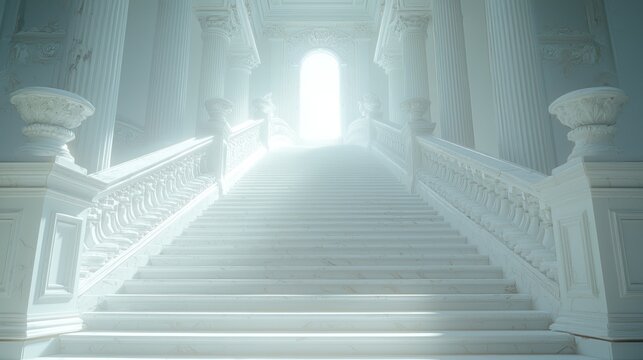 Grand white marble staircase leading to light, ancient architecture
