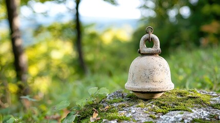 Rusty bell on mossy rock, forest background, nature peace