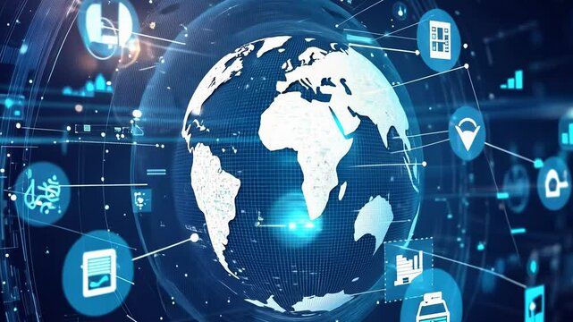 Illuminated earth surrounded by digital data streams representing global connectivity and technology.