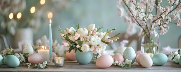 Pastel easter table decor with floral arrangements and candles