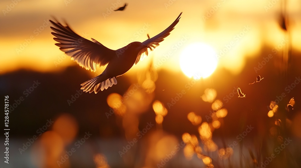 Poster a bird in flight against the backdrop of a stunning sunset : generative ai