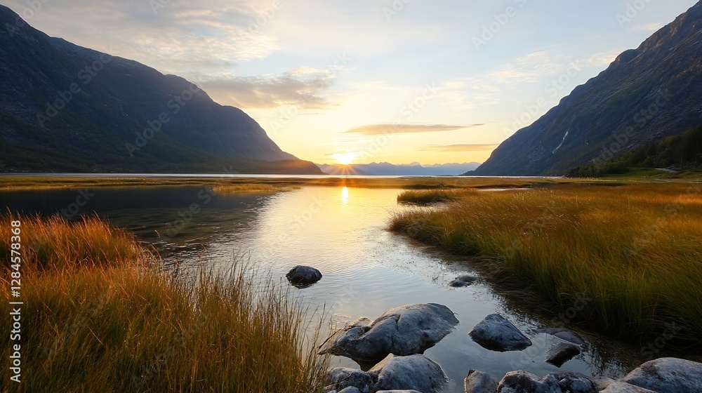 Aufkleber golden hour at a serene waterfront with reflective waters and mountains creating a picturesque eveni