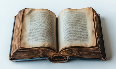 Aged book open on white background