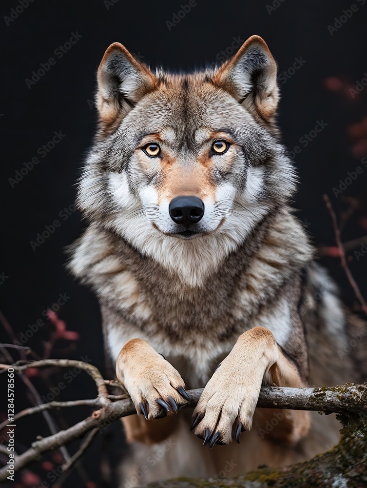 Poster close up portrait of a majestic wolf looking directly into the camera with piercing eyes : generativ
