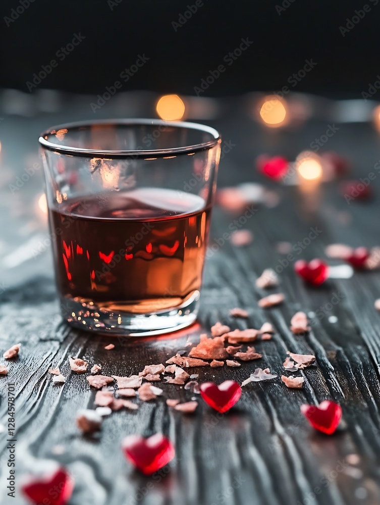 Poster artistic arrangement of a drink in a glass surrounded by decorative red hearts and rocks : generativ