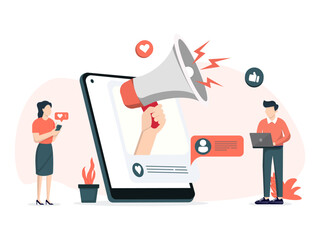 Social media and digital marketing professional at work. Online likes, comments, and followers growth. Internet content and strategy. Flat vector illustration isolated on a white background