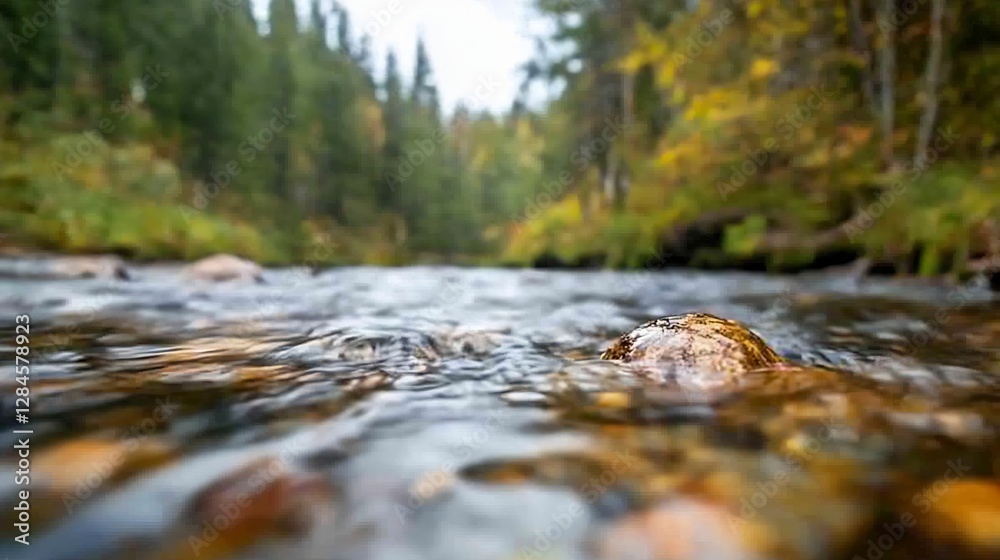 Aufkleber Scenic view of a flowing river in the wilderness surrounded by lush trees and colorful autumn foliage : Generative AI