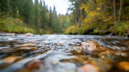 Fototapeta premium Scenic view of a flowing river in the wilderness surrounded by lush trees and colorful autumn foliage : Generative AI
