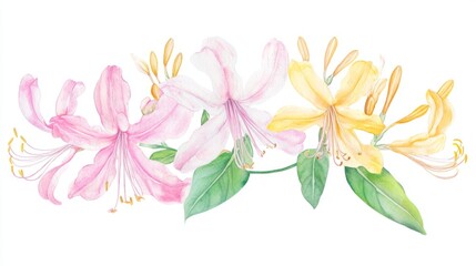 Fototapeta premium Delicate honeysuckle blooms in soft pink and yellow create a serene watercolor botanical masterpiece