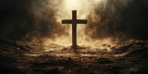 Fototapeta premium Symbolic representation of faith illuminated by dramatic lighting in a misty environment