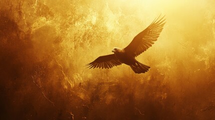 Golden eagle soaring through fiery clouds. Background action is a fiery apocalypse. Possible use for prints or digital media