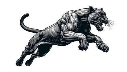 Fototapeta premium Power and Precision: Leaping Panther in Engraved Tattoo Art – AI Generated Transparent PNG