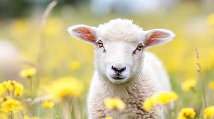 Obraz premium Adorable young sheep standing in a vibrant field of yellow flowers under a clear blue sky : Generative AI