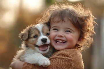 Child joyfully embraces puppy in a sunny outdoor setting during autumn