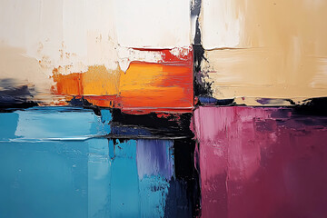 Vibrant Abstract Oil Painting with Blue, Orange, and Pink Hues Featuring Bold Black Textures and Expressive Brushstrokes in a Contemporary Artistic Composition