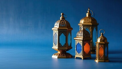 Ramadan Kareem Illuminated Golden Lanterns on Blue Background