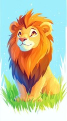Fototapeta premium Adorable Lion Cub in Grassy Meadow, Dreamy Illustration