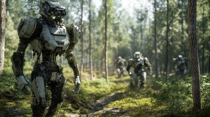 Moss-covered robots walking through a lush forest environment