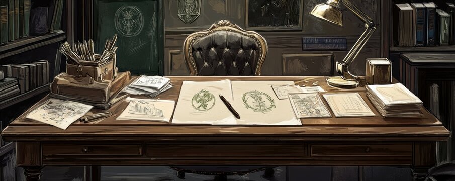 Vintage study room with wooden desk and antique leather chair in dim lighting