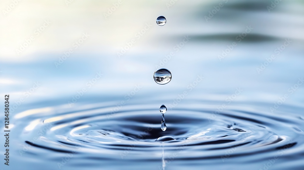 Poster Closeup of water droplets creating ripples on a calm surface representing tranquility and serenity : Generative AI