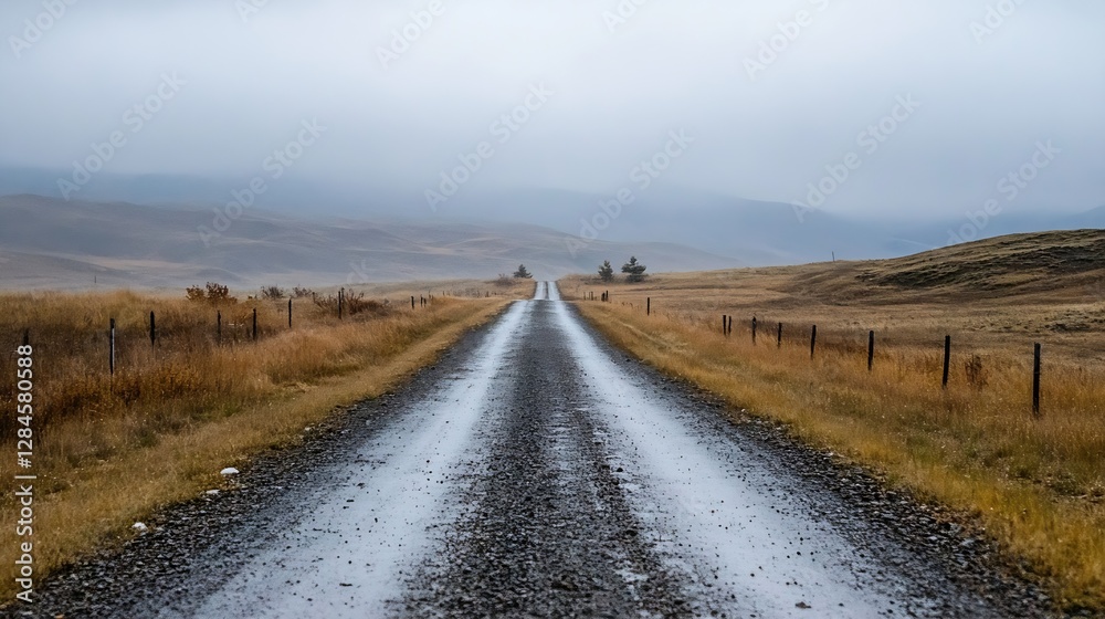 Poster lonely gravel road stretching into the distance under a moody cloudy sky with distant mountains : ge