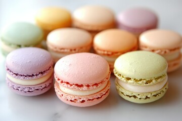 Obraz premium Pastel-colored macarons arranged on a marble surface, showcasing their delicate and delicious appearance.