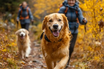 Golden retrievers running with hikers on a vibrant autumn trail surrounded by colorful foliage