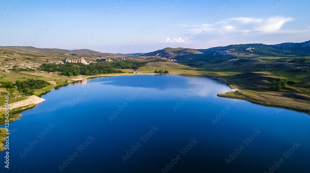 Poster breathtaking aerial view of a serene lake surrounded by lush hills and a clear blue sky creating a t
